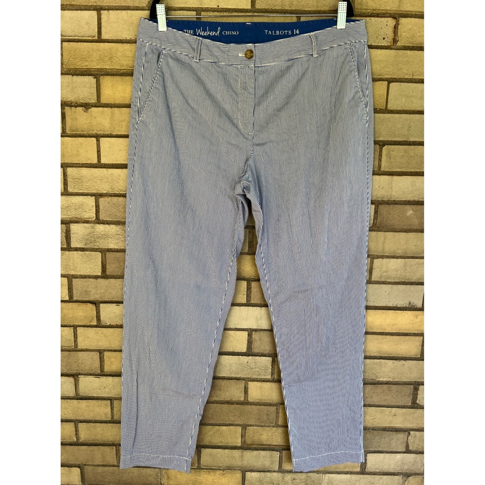 Talbots The Weekend Chino Blue White Stripe Pants Size 14 Nautical Cotton Blend